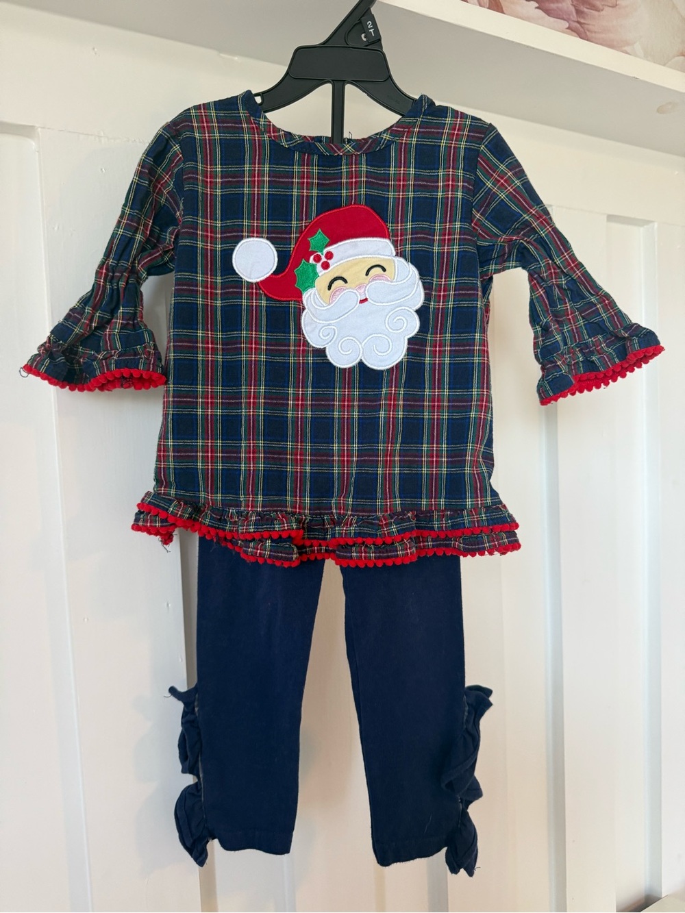 Girls' Navy Plaid Santa Applique Holiday Top